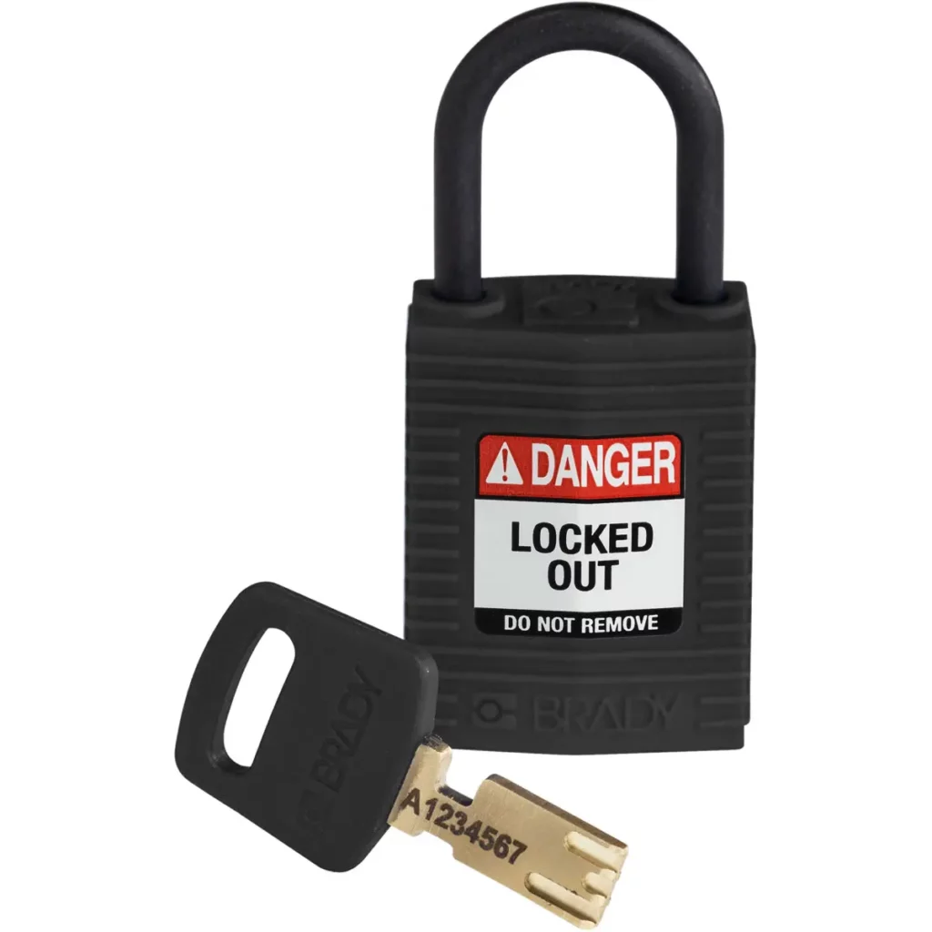 Svart lockout tagout, bryt och lås hänglås med nyckel